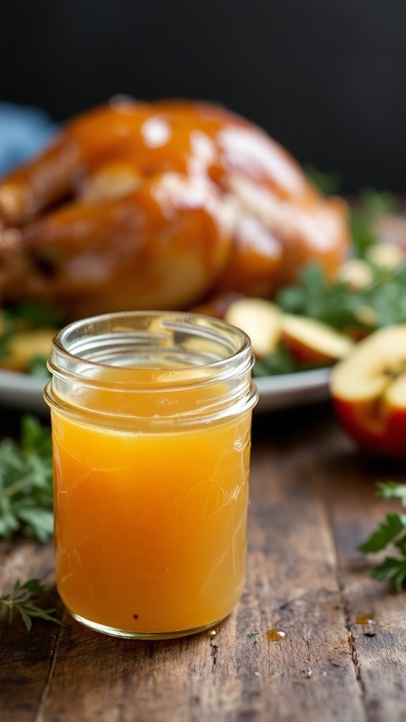 A jar of apple cider glaze next to a roasted chicken garnished with herbs and apple slices.